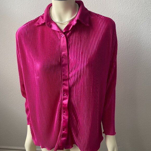 Trueself Tops - Truself Womens Blouse Medium Pink V-Neck Collared Long Sleeve Stretch Retro